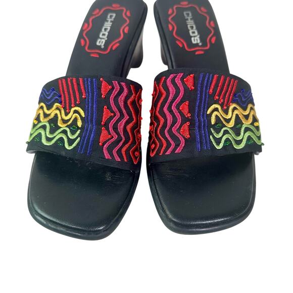 Chico's Women's Size 8M VTG 80s 90s Black Rainbow Embroidery Heeled Slides READ - Picture 4 of 11